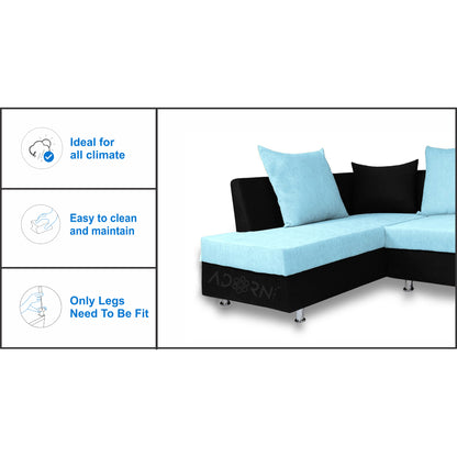 Adorn India Adillac 6 Seater Corner Sofa(Left Side Handle)(Light Blue & Black)