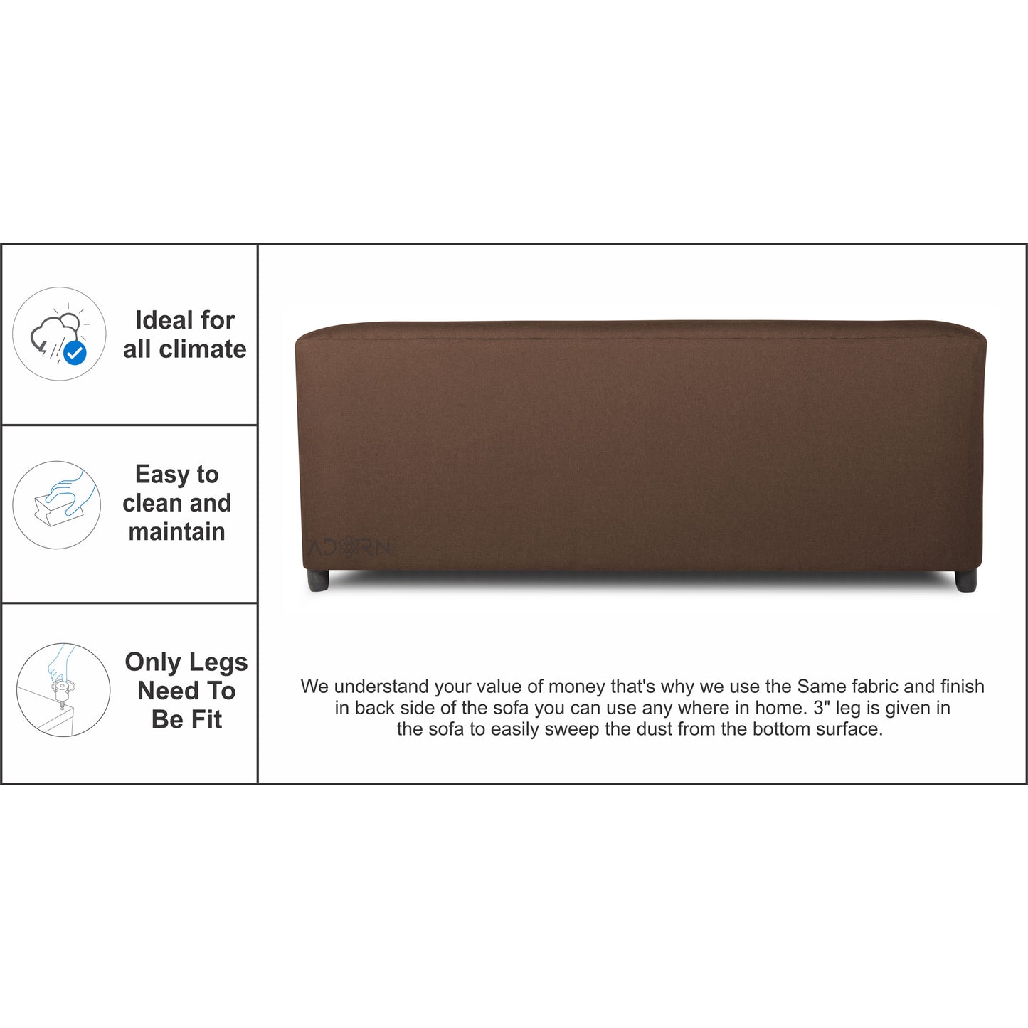 Adorn India Brisco 3 Seater Sofa (Brown), Wood, Foam