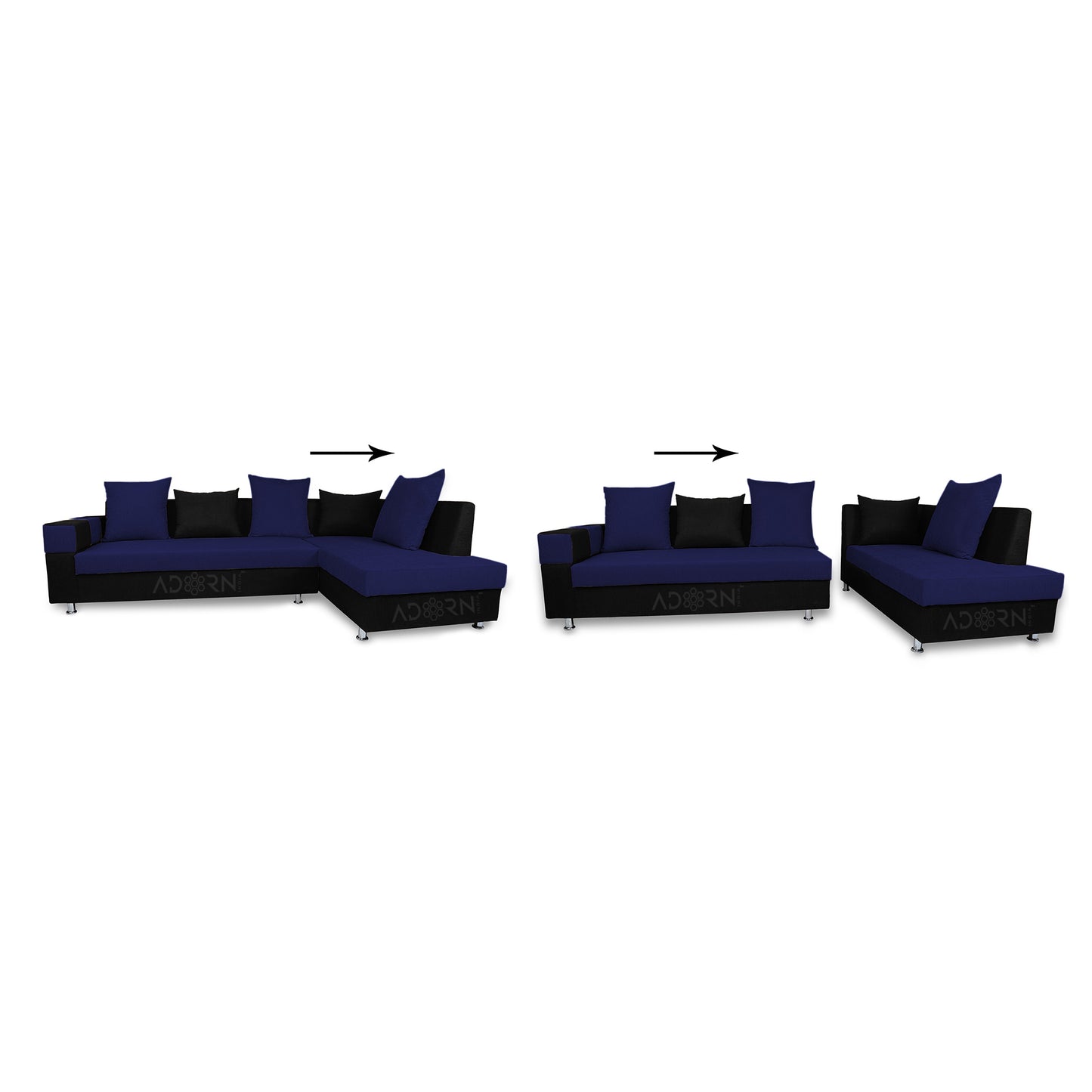 Adorn India Adillac 5 Seater Corner Sofa(Right Side)(Navy Blue & Black), Wood, Foam