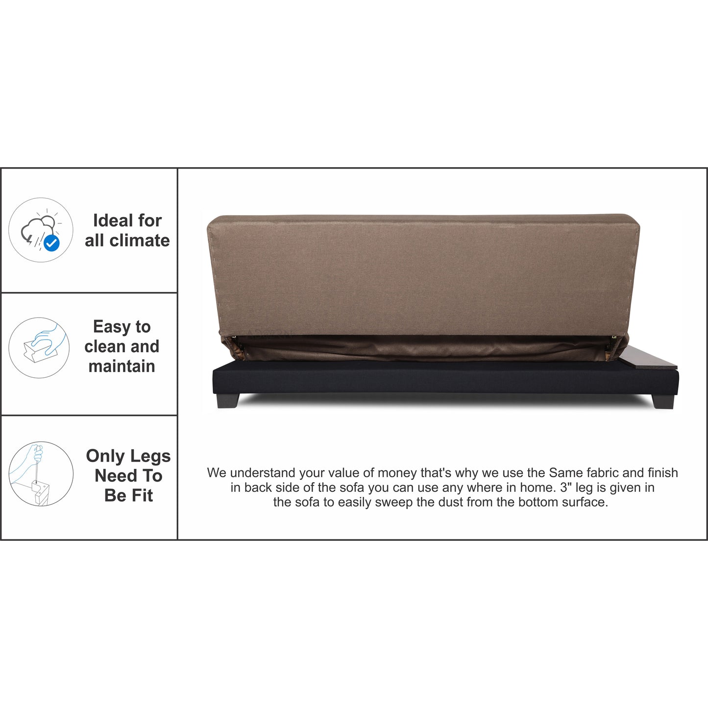 Adorn India Exclusive Two Tone Blake Three Seater Sofa Cum Bed (Camel & Black), Wood, Foam