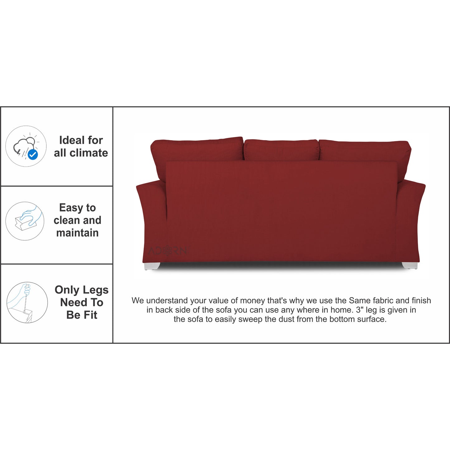 Adorn India Alexia 3 Seater Sofa(Maroon), Wood, Foam