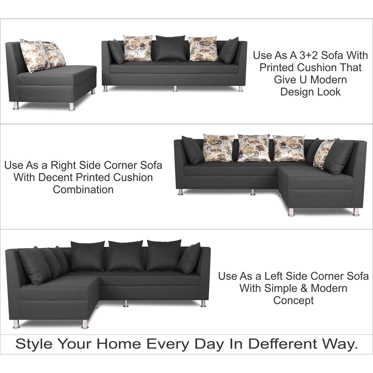 Adorn India Alica Modular Sofa Set(Dark Grey)