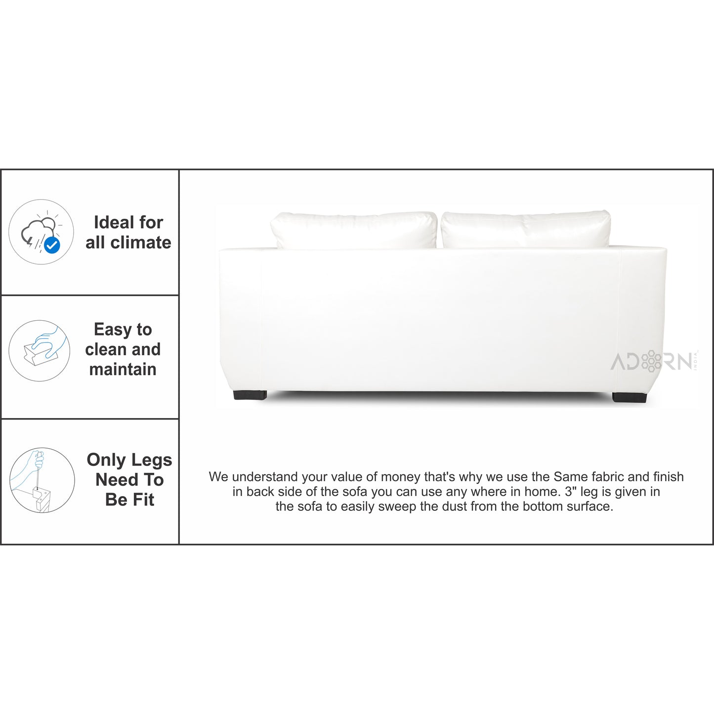 Adorn India Walton Leatherette 3 Seater Sofa (White)