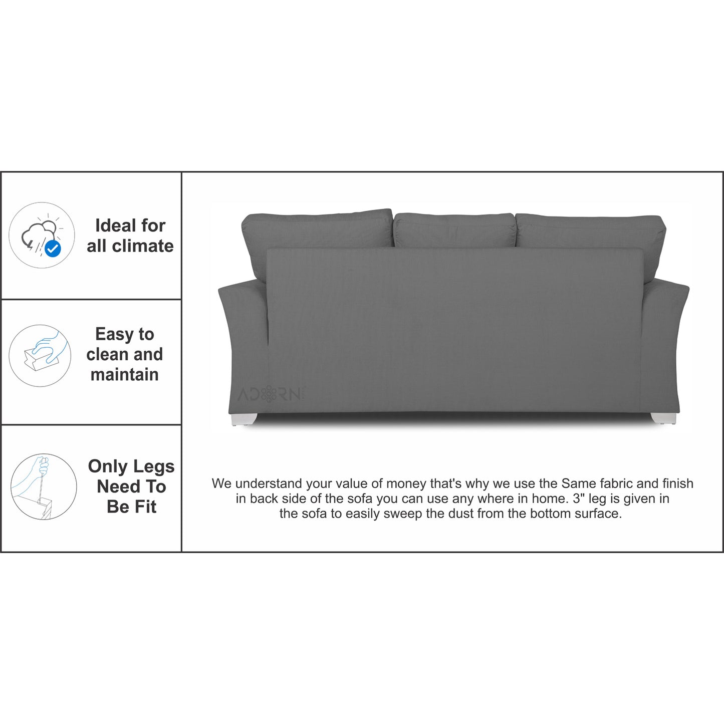 Adorn India Alexia 3 Seater Sofa(Grey), Wood, Foam