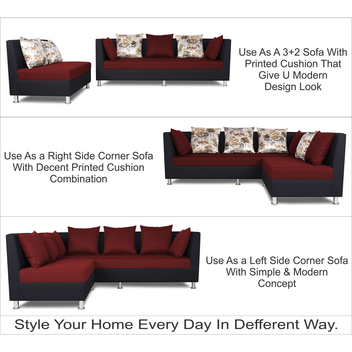 Adorn India Exclusive Two Tone Alica Modular Sofa Set (Maroon & Black), Wood, Foam