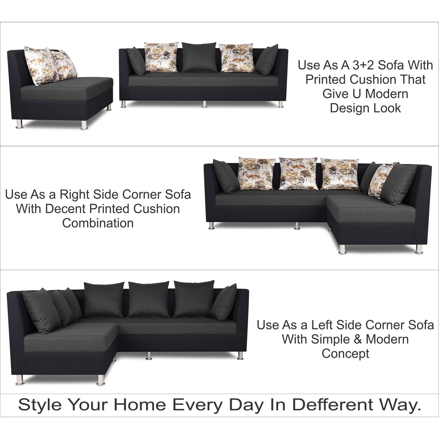 Adorn India Exclusive Two Tone Alica Modular Sofa Set (Wood & Fabric, Dark Grey & Black)