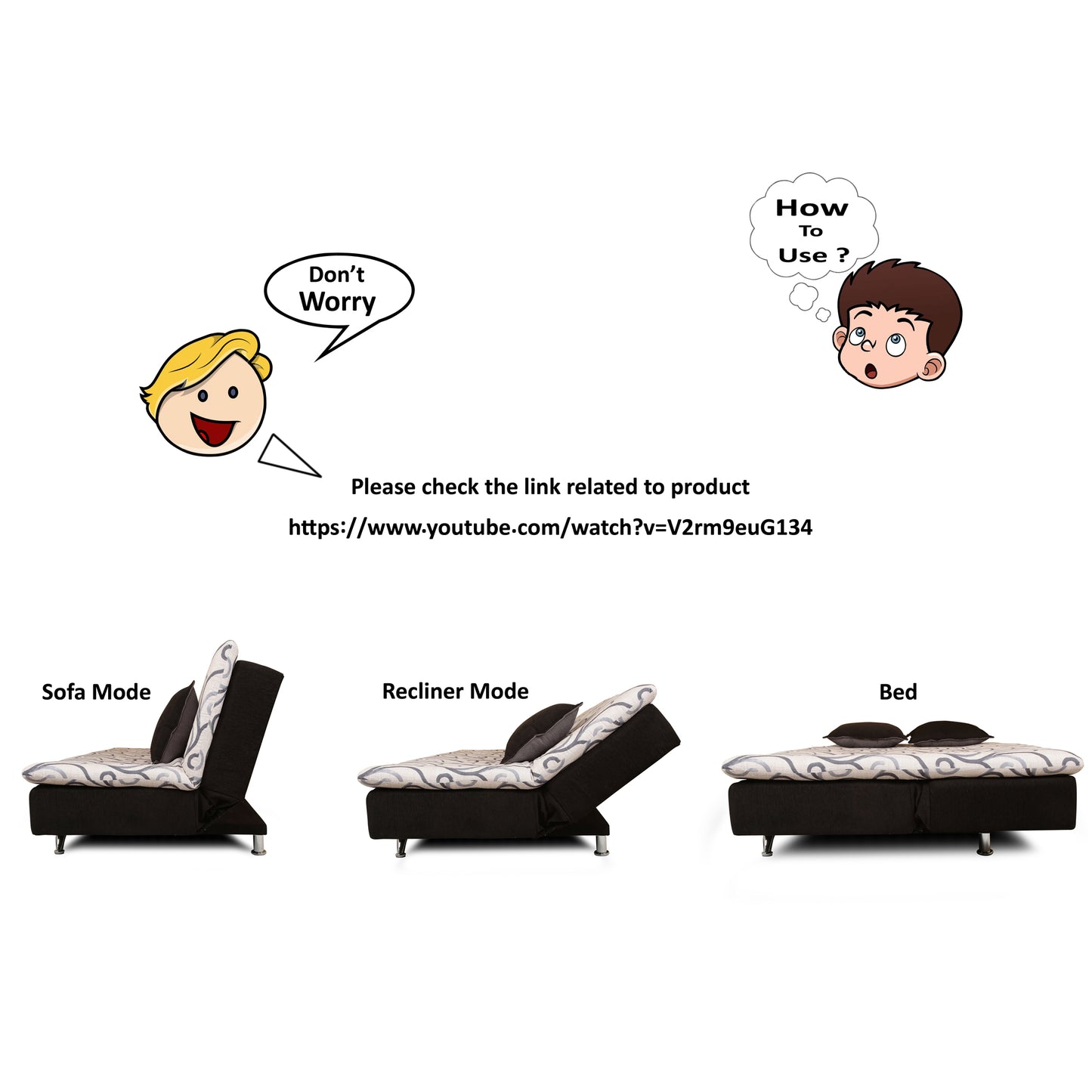 Adorn India Berry 3 Seater Sofa Cum Bed Digitel Print (Grey & Black)