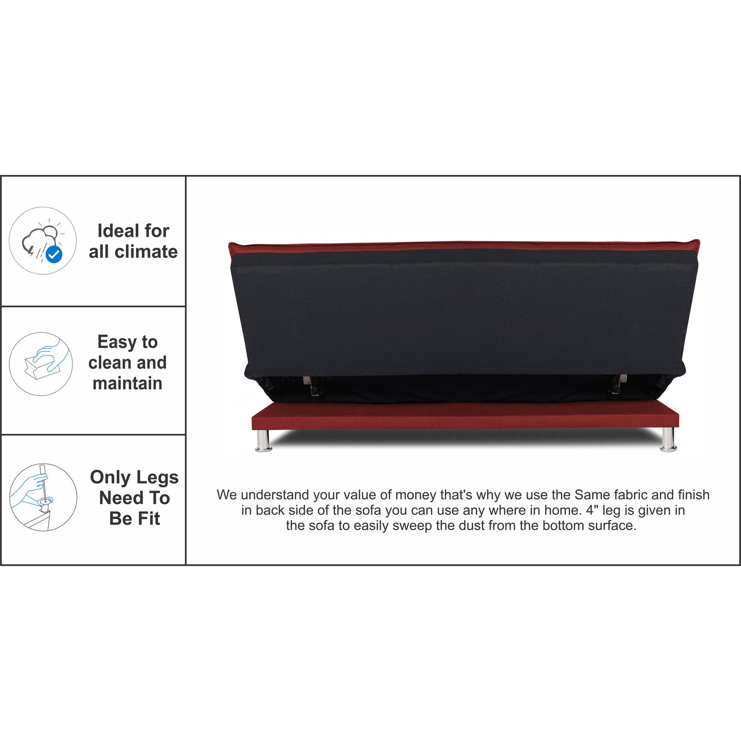Adorn India Exclusive Two Tone Arden 4 Seater Sofa Cum Bed 4 x 6 (Maroon & Black) (3 Year Warranty)