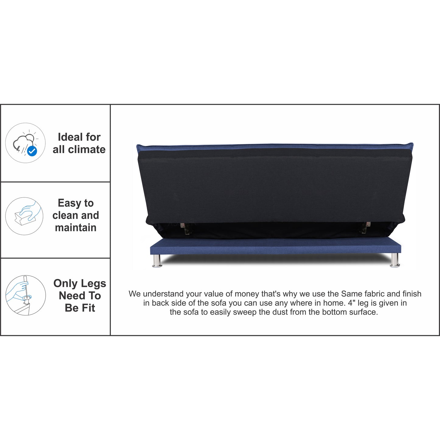 Adorn India Exclusive Two Tone Arden 4 Seater Wood Sofa Cum Bed 4 x 6 (Blue & Black) (3 Year Warranty)