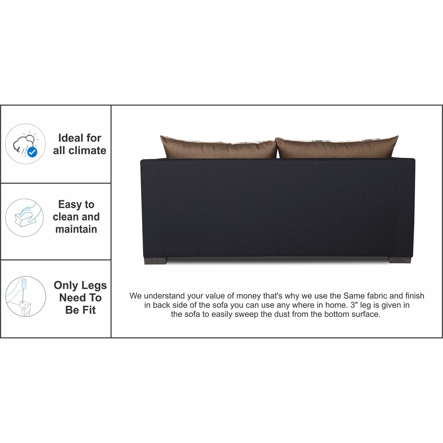 Adorn India Exclusive Two Tone Straight Line Three Seater Sofa Cum Bed (Camel & Black), Wood, Foam