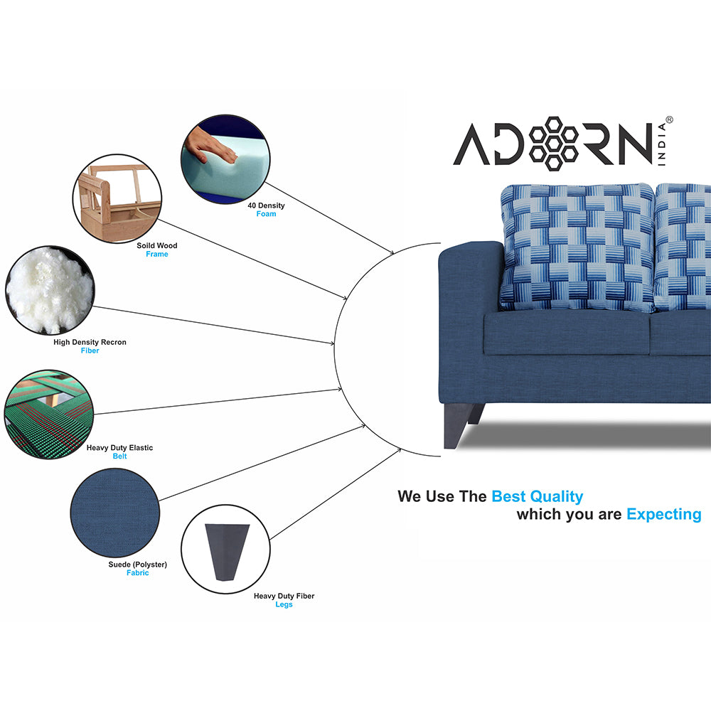 Adorn India Straight line Plus Bricks 3 Seater Sofa (Blue) (3 Year Warranty)