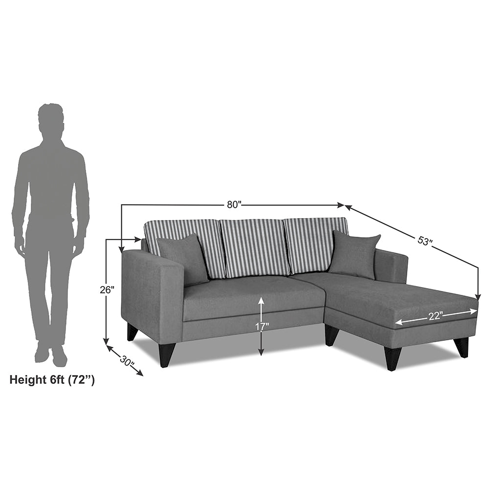 Adorn India Hector Stripes L Shape 4 Seater Sofa Set (Right Hand Side) (Grey) Martin Plus (3 Year Warranty)