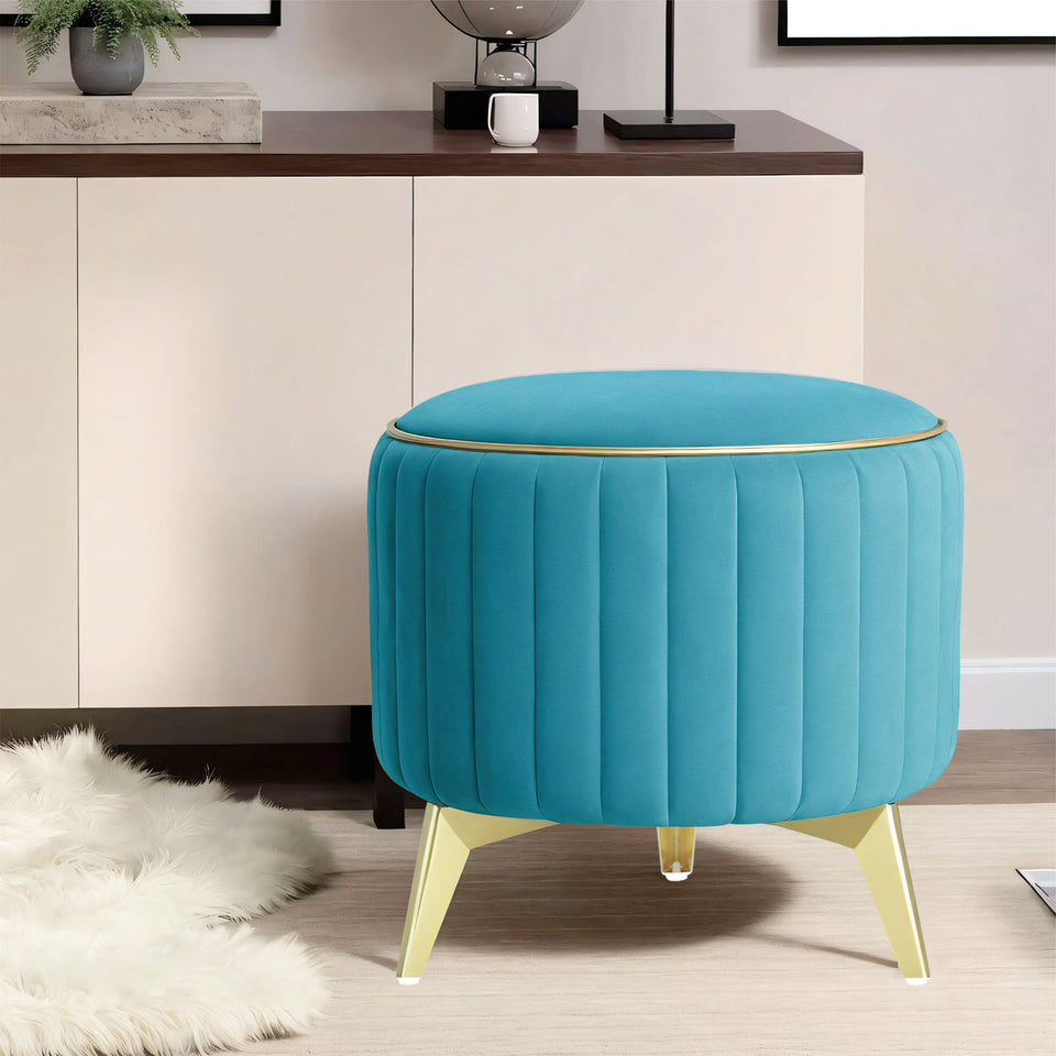 Olivia Round 1 Seater Ottoman Pouffe Striped Pattern with Velvet Suede Fabric (Aqua Blue)