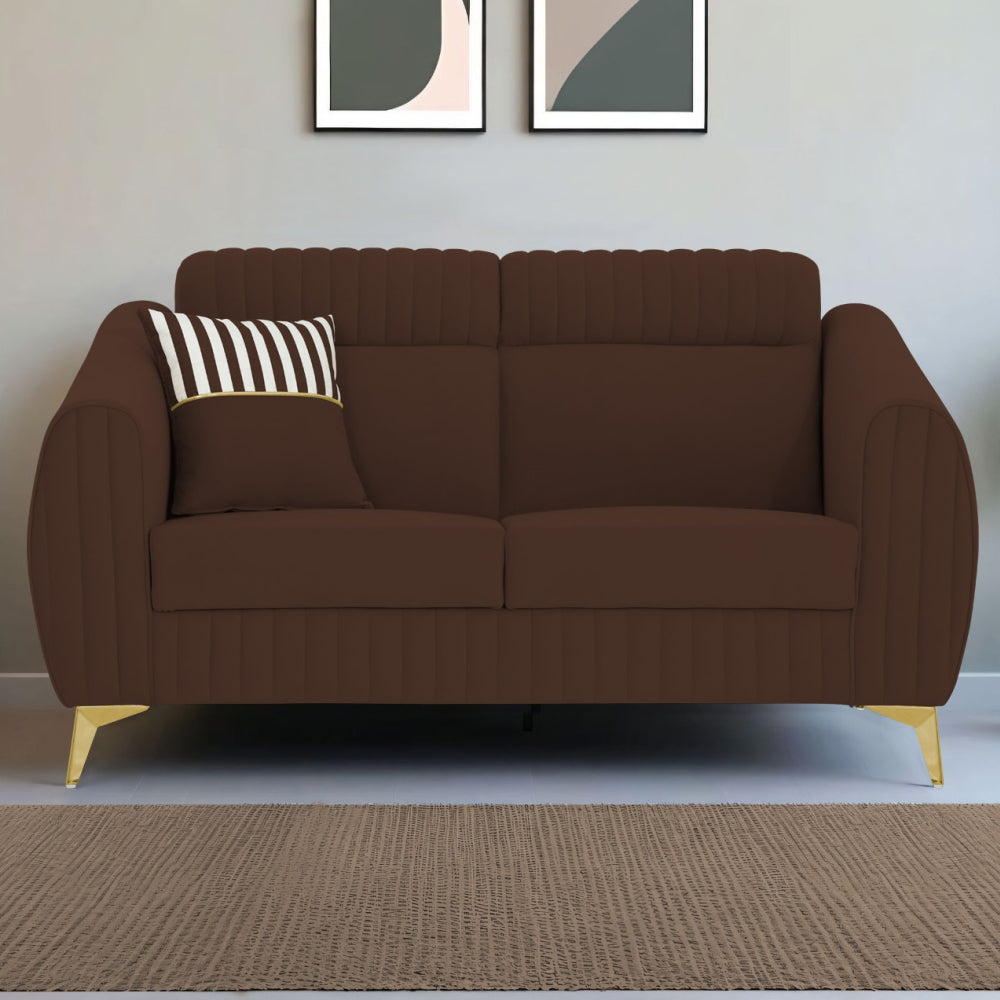 Adorn India Premium Luster Plus 2 Seater Sofa | Velvet Suede Fabric | 3-Year Warranty | Color Brown with Golden Legs & Striped Pattern Cushion