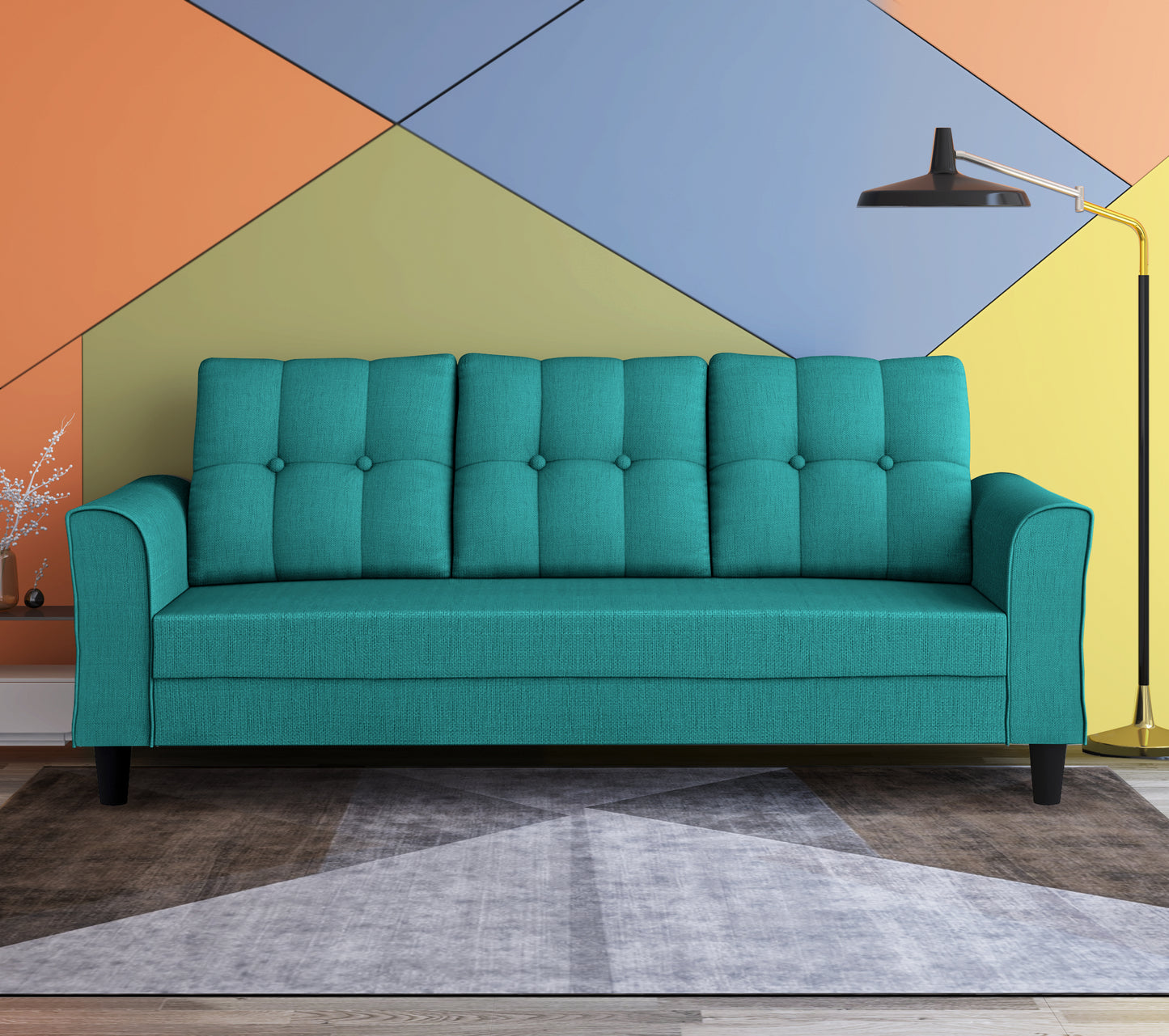 Adorn India Maddox Tufted 3 Seater Sofa (Aqua Blue) (3 Year Warranty)