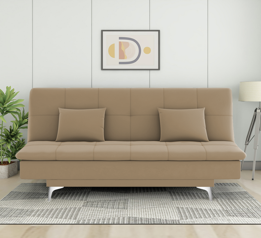 Adorn India Premium New Aspen 3 Seater Sofa Cum Bed 4X6 Velvet Suede with 2 Cushions (Color Camel) and Suitable for All Indoor, with 3 Years Warranty