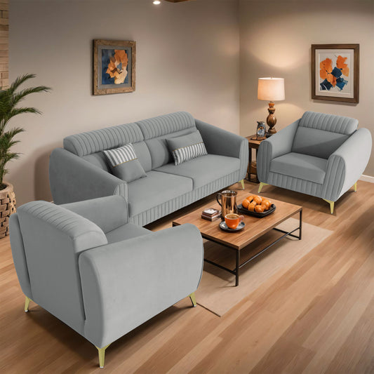 Adorn India Premium Valentino 3-1-1 Sofa Set | Velvet Suede Fabric | 3-Year Warranty | Color Grey with Golden Legs & Striped Pattern Cushion