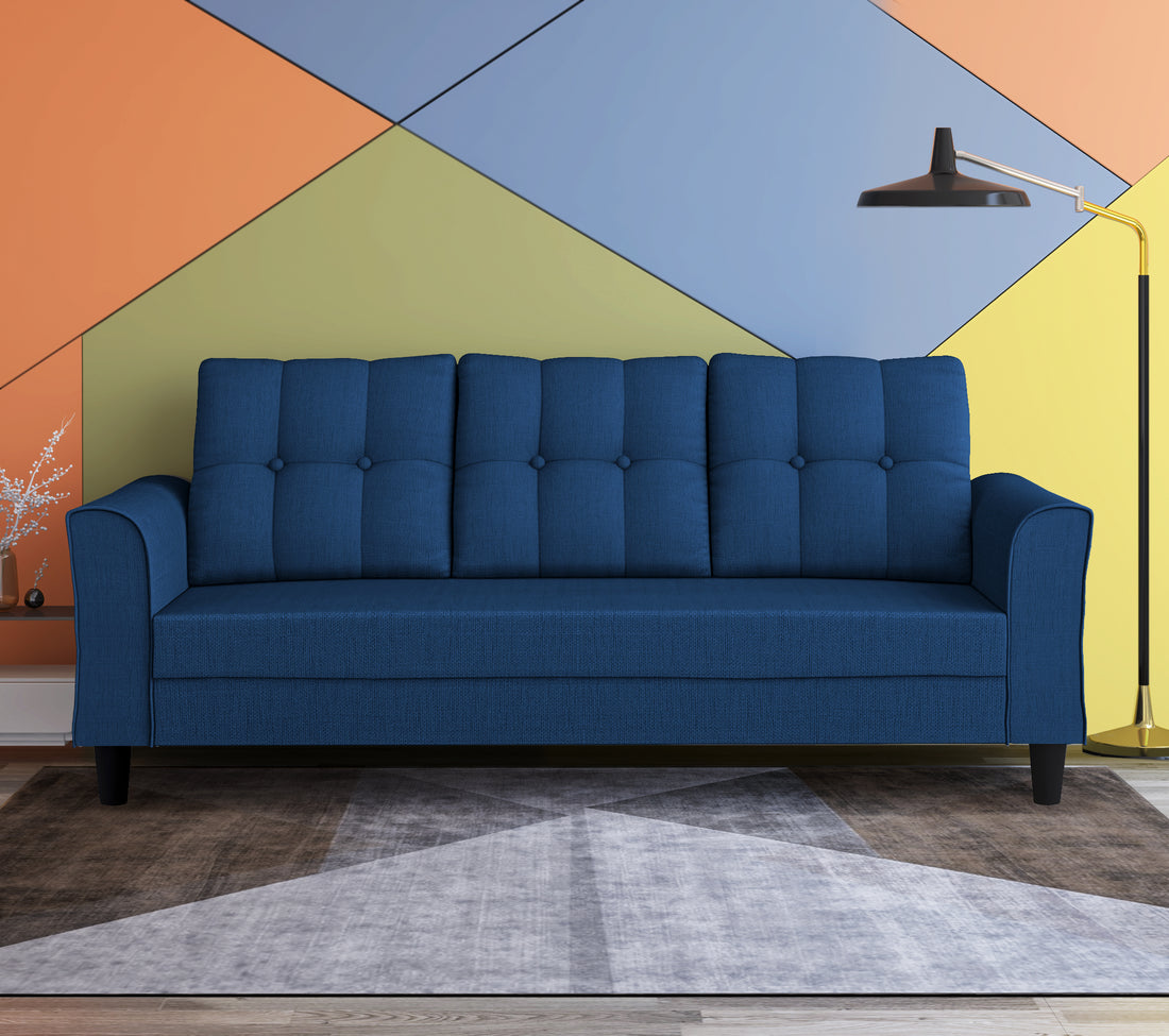 Adorn India Maddox Tufted 3 Seater Sofa (Blue) (3 Year Warranty)