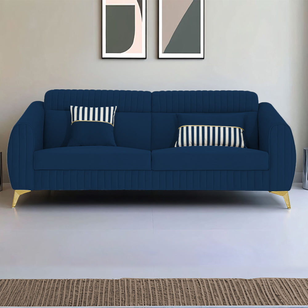 Adorn India Premium Luster Plus 3 Seater Sofa | Velvet Suede Fabric | 3-Year Warranty | Color Blue with Golden Legs & Striped Pattern Cushion