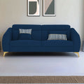 Adorn India Premium Luster Plus 3 Seater Sofa | Velvet Suede Fabric | 3-Year Warranty | Color Blue with Golden Legs & Striped Pattern Cushion
