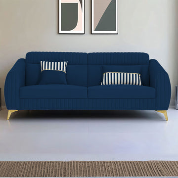 Adorn India Premium Luster Plus 3 Seater Sofa | Velvet Suede Fabric | 3-Year Warranty | Color Blue with Golden Legs & Striped Pattern Cushion