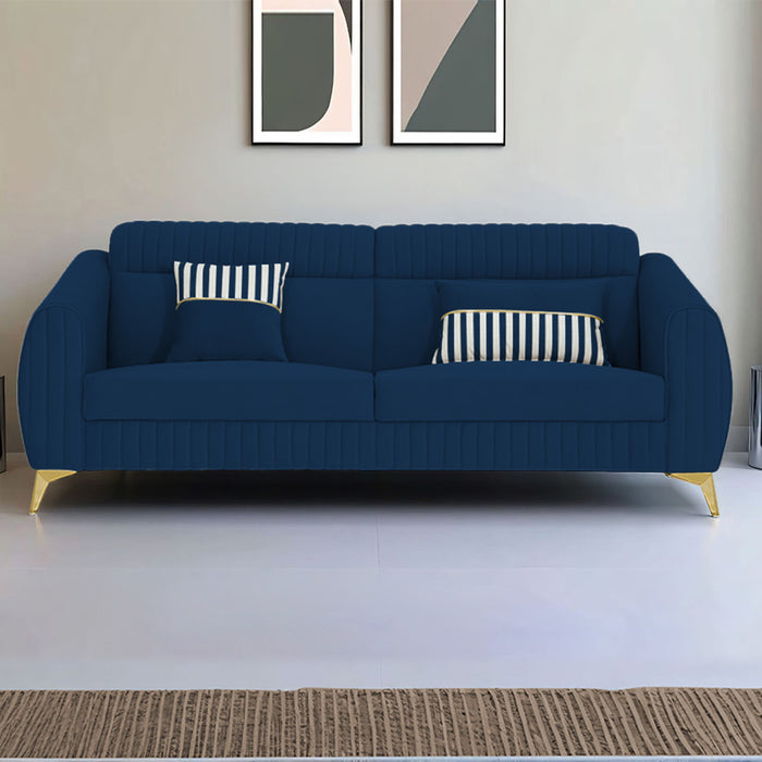 Adorn India Premium Luster Plus 3 Seater Sofa | Velvet Suede Fabric | 3-Year Warranty | Color Blue with Golden Legs & Striped Pattern Cushion