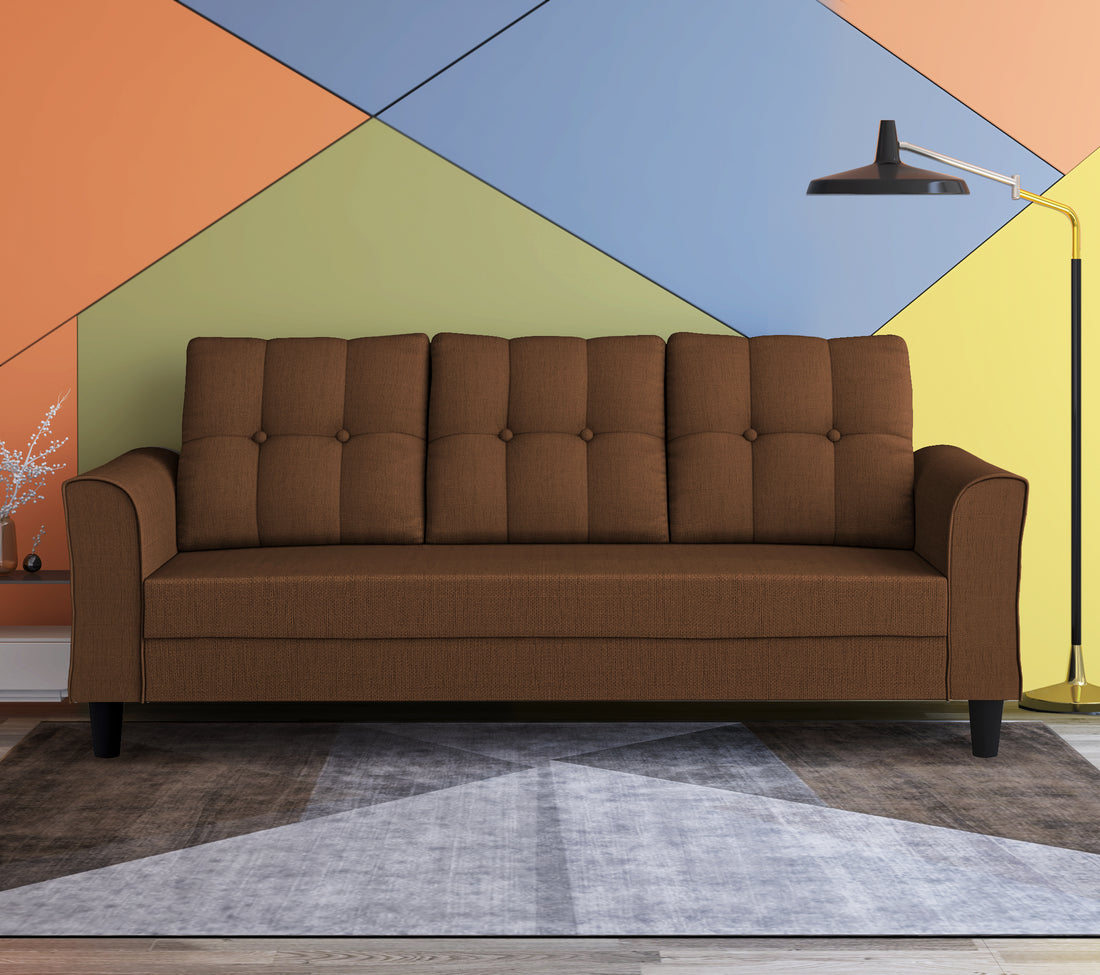 Adorn India Maddox Tufted 3 Seater Sofa (Brown) (3 Year Warranty)