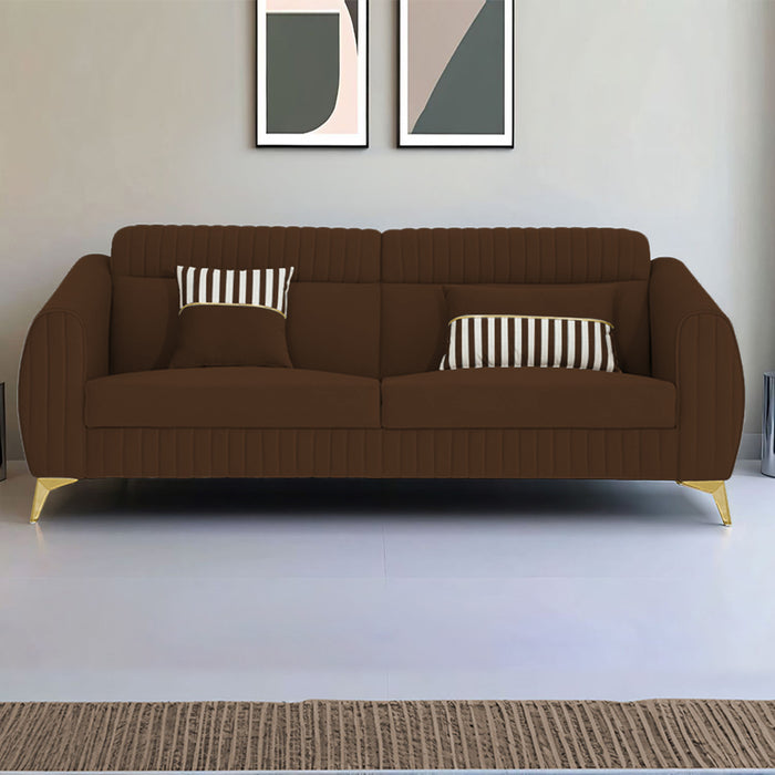 Adorn India Premium Luster Plus 3 Seater Sofa | Velvet Suede Fabric | 3-Year Warranty | Color Brown with Golden Legs & Striped Pattern Cushion