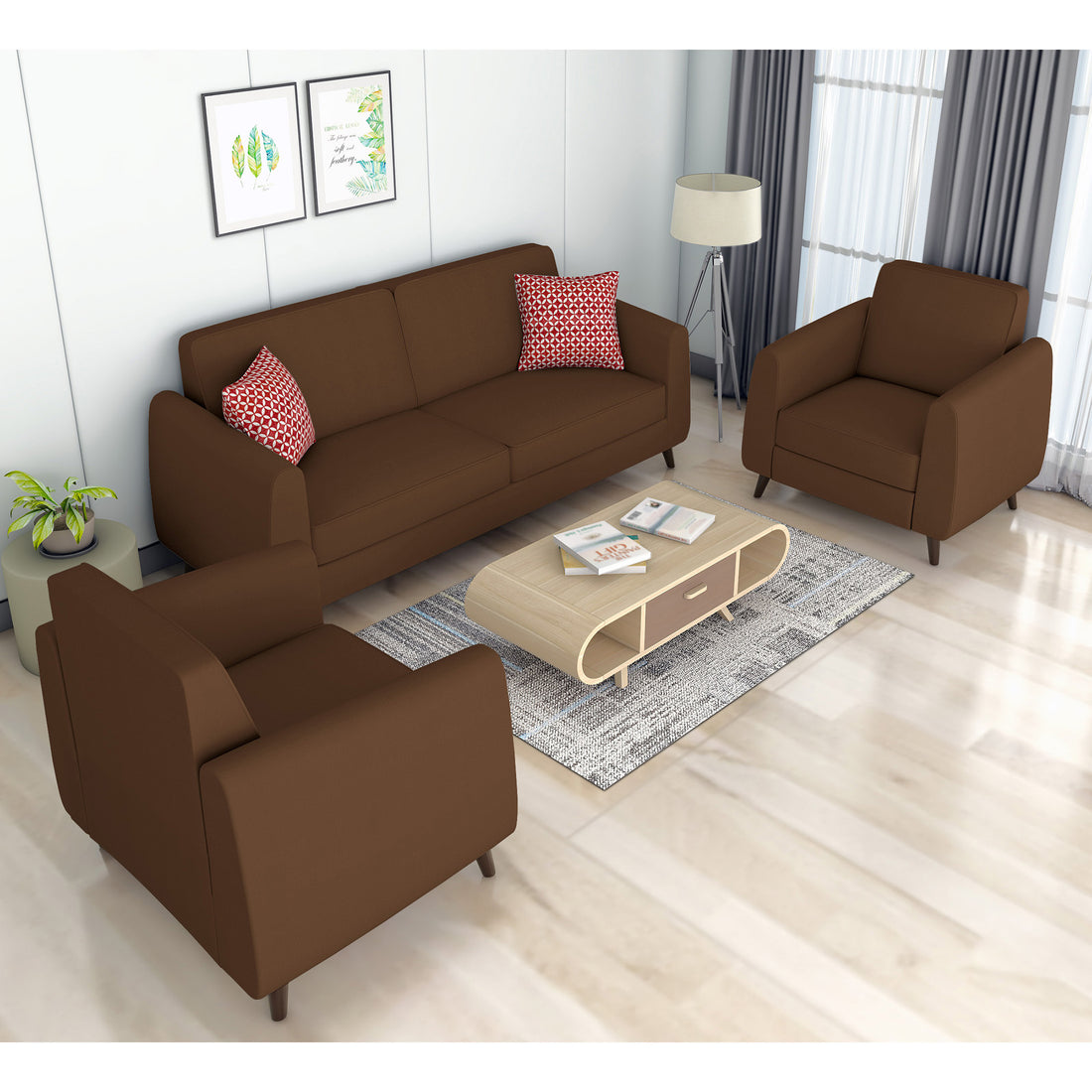 Adorn India Harlem 5 Seater 3-1-1 Sofa Set (Brown) (3 Year Warranty)