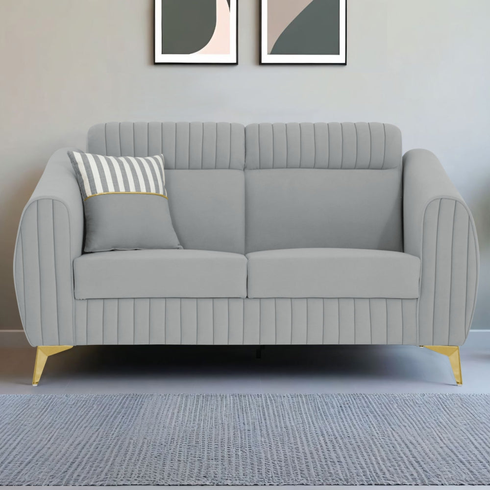 Adorn India Premium Luster Plus 2 Seater Sofa | Velvet Suede Fabric | 3-Year Warranty | Color Grey with Golden Legs & Striped Pattern Cushion