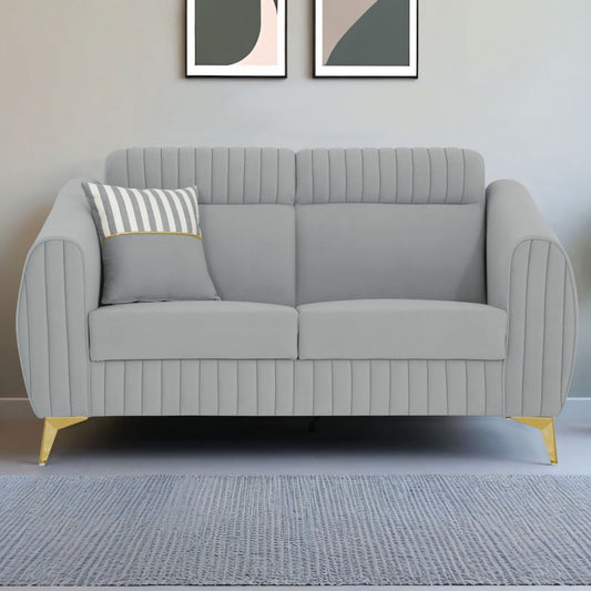 Adorn India Premium Valentino 2 Seater Sofa | Velvet Suede Fabric | 3-Year Warranty | Color Grey with Golden Legs & Striped Pattern Cushion
