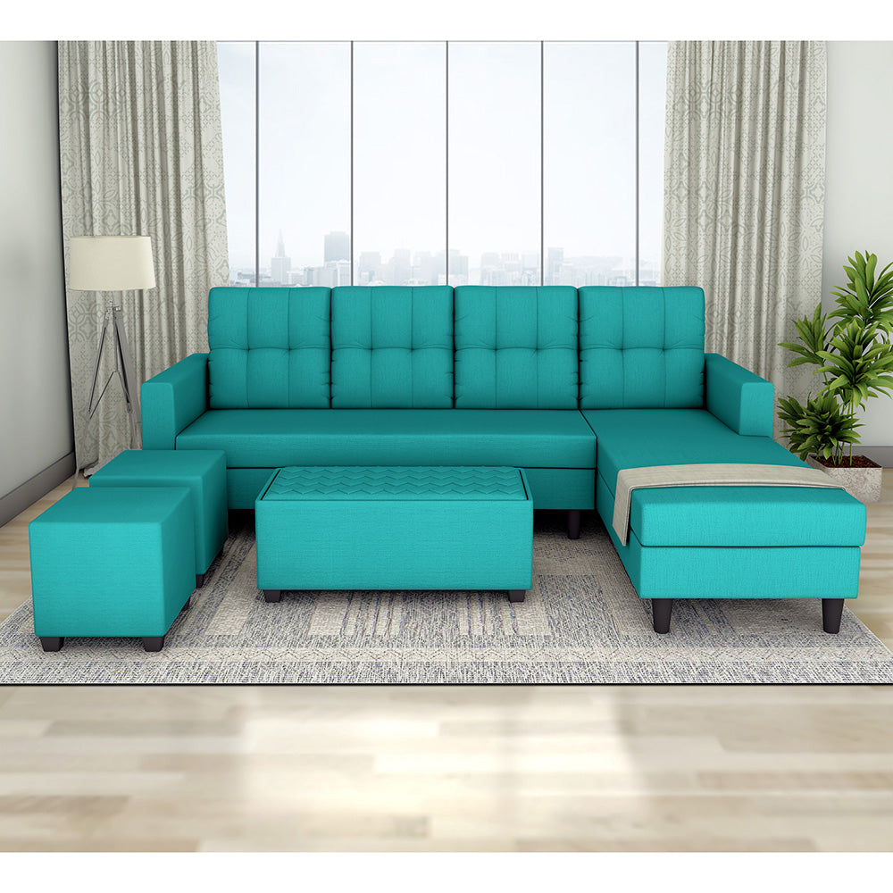 Darcy L Shape 8 Seater Sofa Set with Center Table and 2 Ottoman Puffy (RHS) (Aqua Blue)