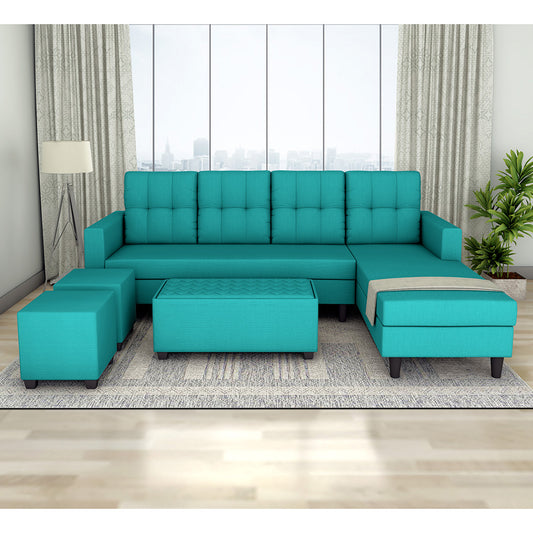 Adorn India Darcy L Shape 8 Seater Sofa Set with Center Table and 2 Ottoman Puffy (RHS) (Aqua Blue)