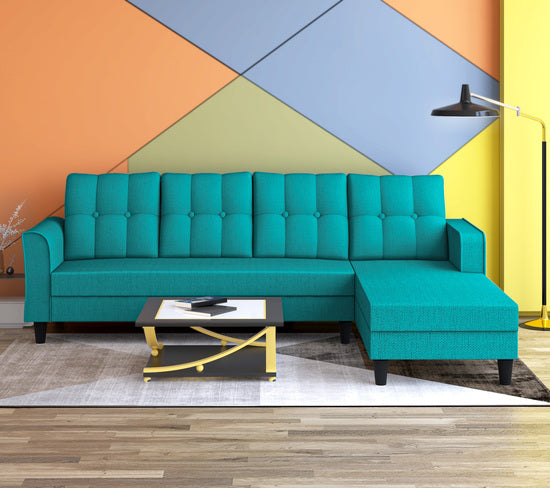 Adorn India Maddox Tufted L Shape 5 Seater Sofa Wood Sofa Set RHS (Aqua Blue) (3 Year Warranty)