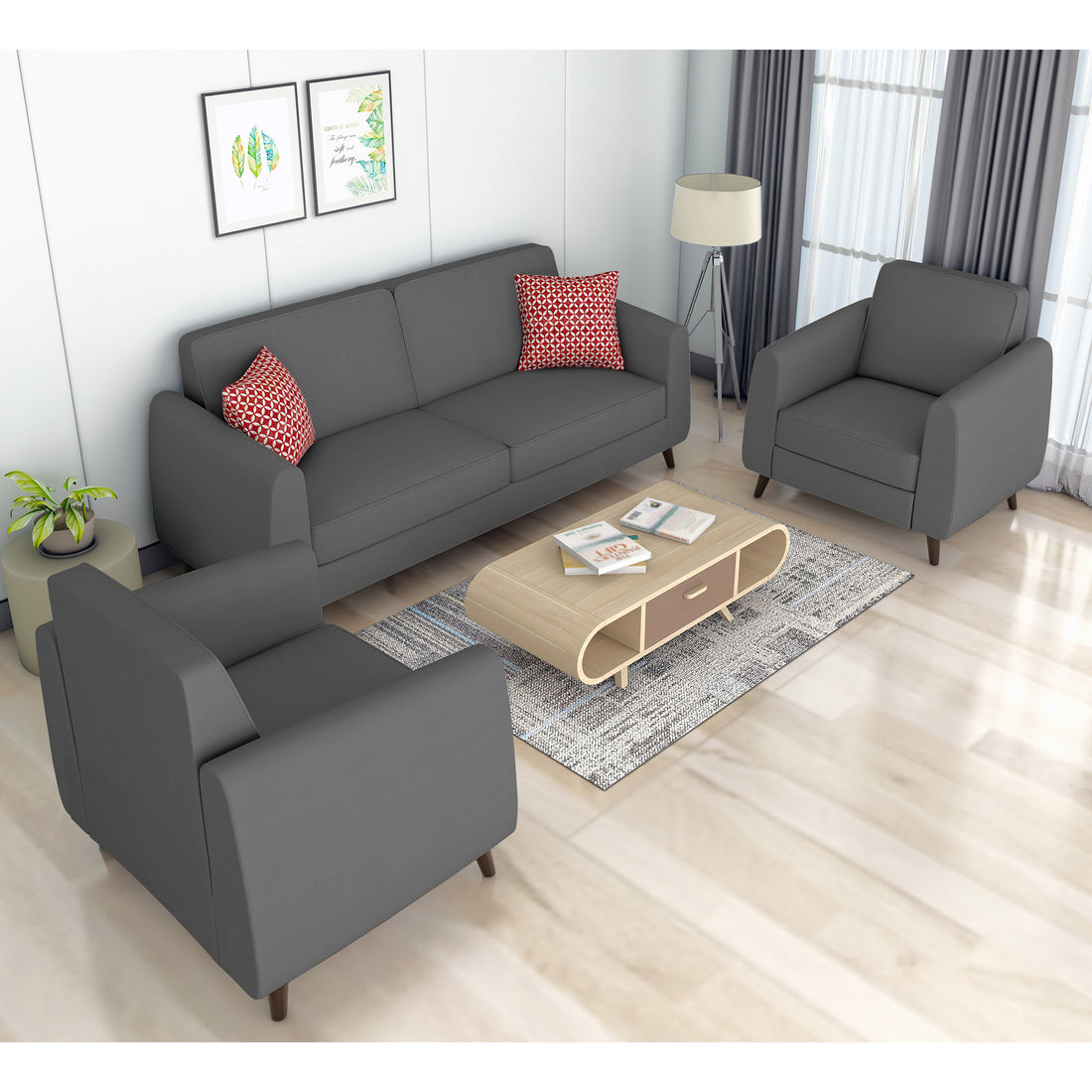 Adorn India Harlem 5 Seater 3-1-1 Sofa Set (Grey) (3 Year Warranty)