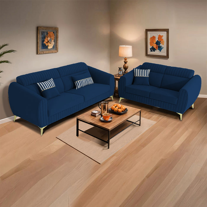 Adorn India Premium Luster Plus 3-2 Sofa Set | Velvet Suede Fabric | 3-Year Warranty | Color Blue with Golden Legs & Striped Pattern Cushion