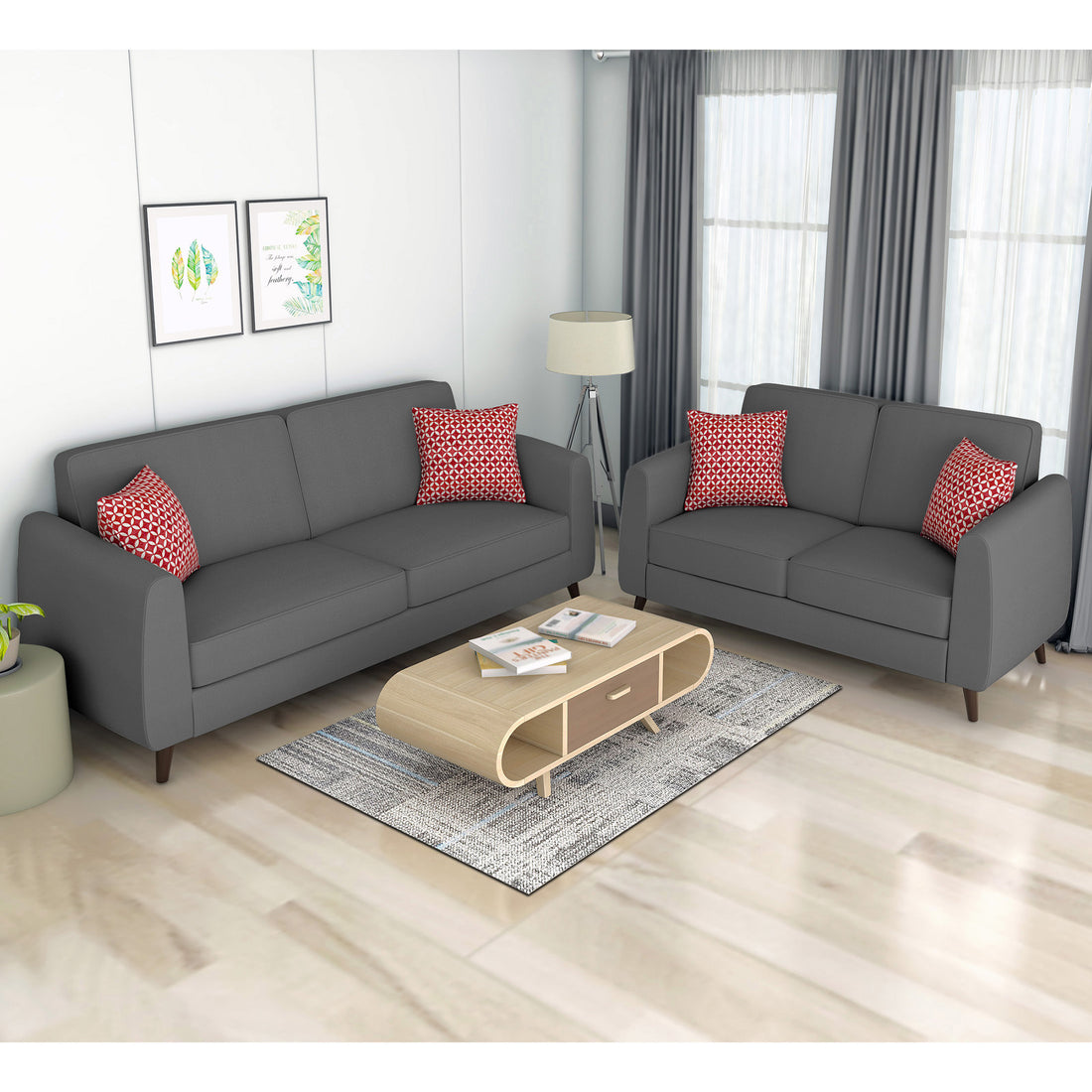 Adorn India Harlem 5 Seater 3+2 Fabric Sofa Set (Grey) (3 Year Warranty)