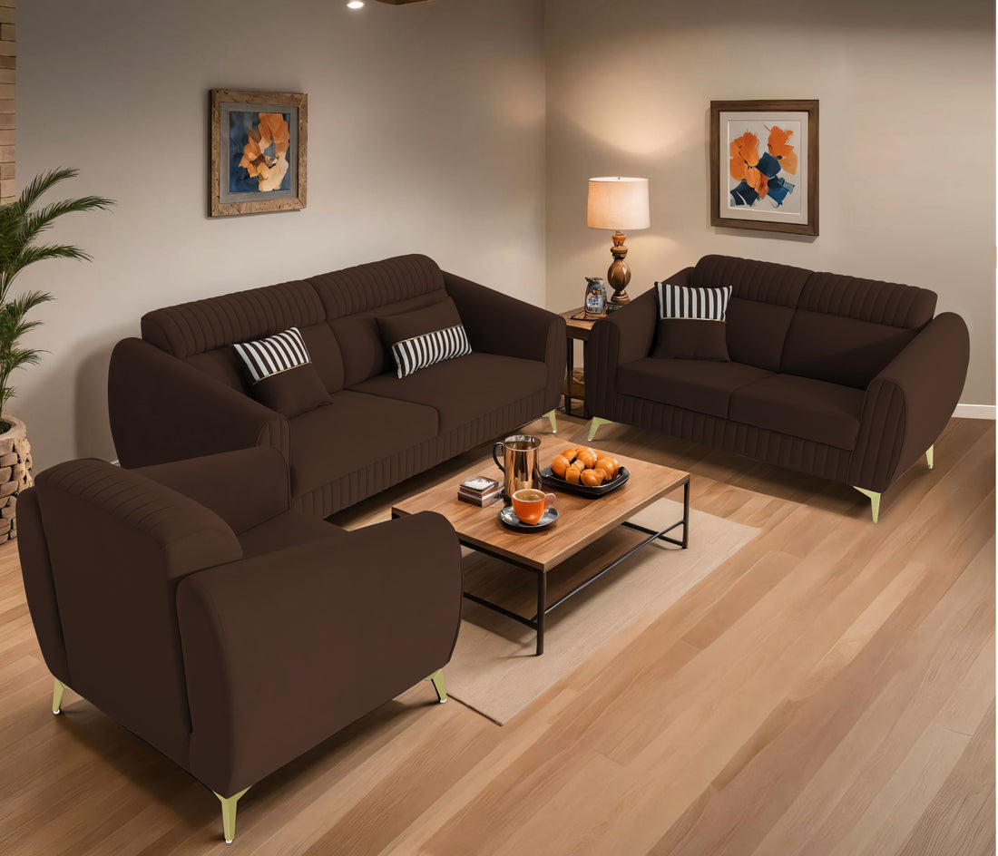 Adorn India Premium Luster Plus 3-2-1 Sofa Set | Velvet Suede Fabric | 3-Year Warranty | Color Brown with Golden Legs & Striped Pattern Cushion