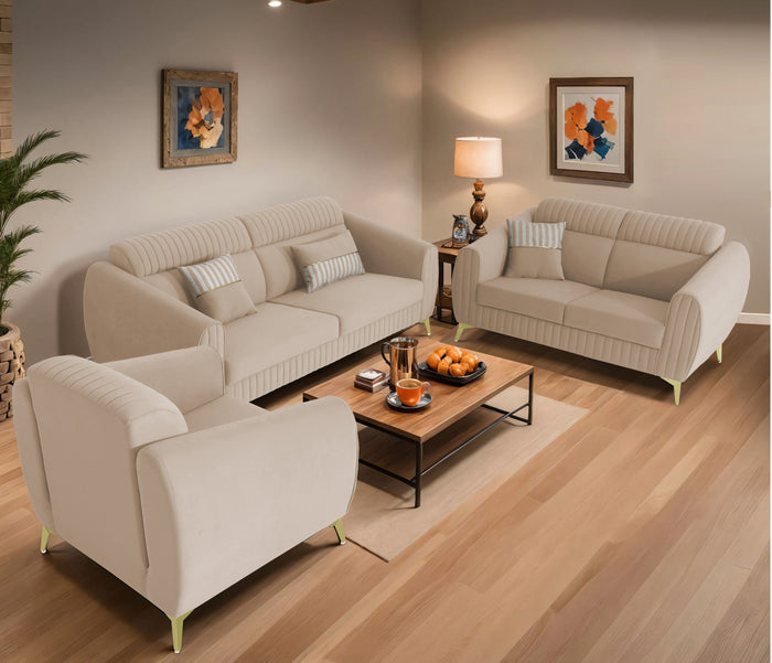 Adorn India Premium Luster Plus 3-2-1 Sofa Set | Velvet Suede Fabric | 3-Year Warranty | Color Beige with Golden Legs & Striped Pattern Cushion