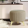 Adorn India Olivia Round 1 Seater Ottoman Pouffe Striped Pattern with Velvet Suede Fabric (Beige)