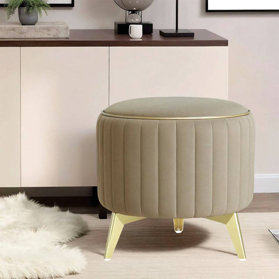 Olivia Round 1 Seater Ottoman Pouffe Striped Pattern with Velvet Suede Fabric (Beige)