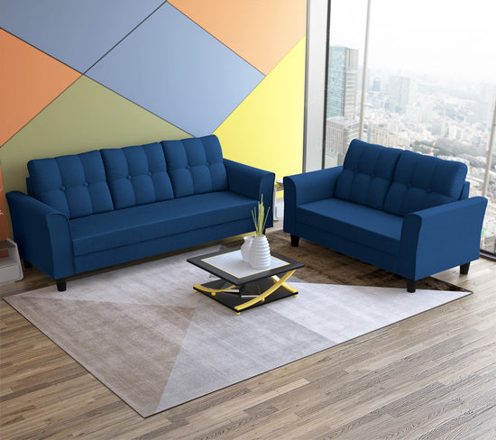 Adorn India Maddox Tufted 3+2 5 Seater Sofa Set (Blue)