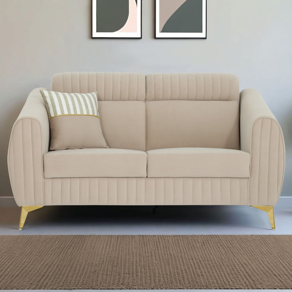 Adorn India Premium Luster Plus 2 Seater Sofa | Velvet Suede Fabric | 3-Year Warranty | Color Beige with Golden Legs & Striped Pattern Cushion