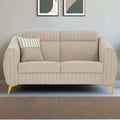 Adorn India Premium Luster Plus 2 Seater Sofa | Velvet Suede Fabric | 3-Year Warranty | Color Beige with Golden Legs & Striped Pattern Cushion
