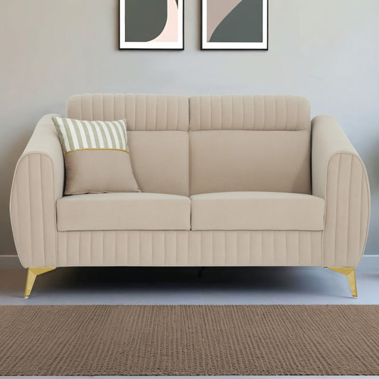 Adorn India Premium Valentino 2 Seater Sofa | Velvet Suede Fabric | 3-Year Warranty | Color Beige with Golden Legs & Striped Pattern Cushion