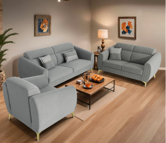Adorn India Premium Luster Plus 3-2-1 Sofa Set | Velvet Suede Fabric | 3-Year Warranty | Color Grey with Golden Legs & Striped Pattern Cushion