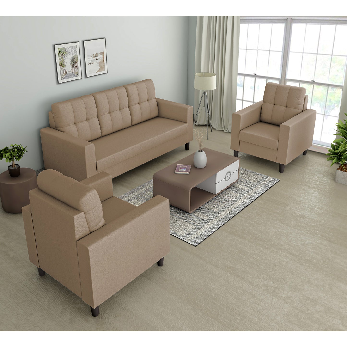 Adorn India Darcy 3-1-1 Five Seater Sofa Set (Beige)