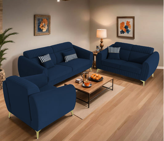 Adorn India Premium Valentino 3-2-1 Sofa Set | Velvet Suede Fabric | 3-Year Warranty | Color Blue with Golden Legs & Striped Pattern Cushion