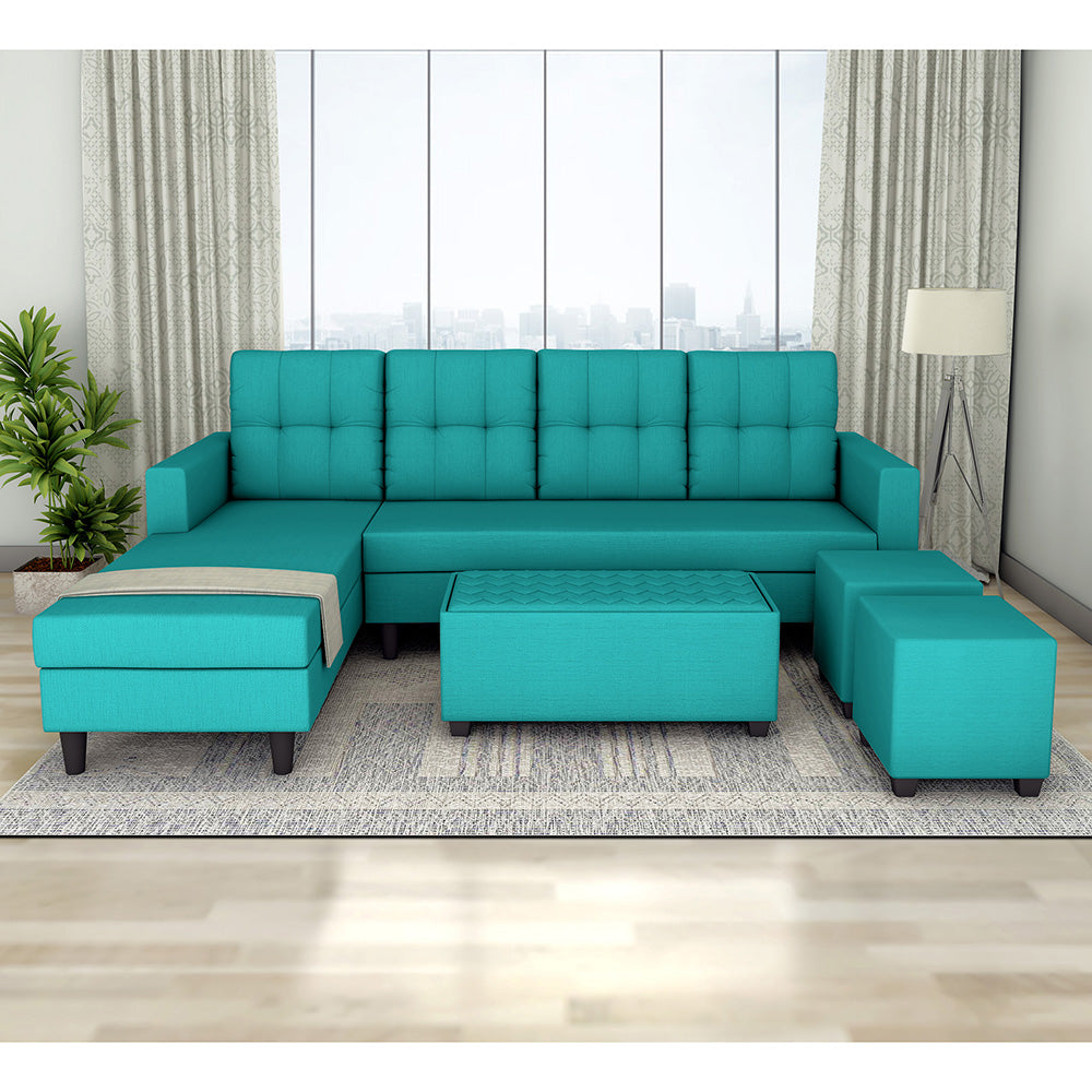 Darcy L Shape 8 Seater Sofa Set with Center Table and 2 Ottoman Puffy (LHS) (Aqua Blue)