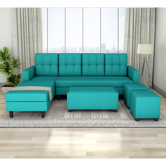 Adorn India Darcy L Shape 8 Seater Sofa Set with Center Table and 2 Ottoman Puffy (LHS) (Aqua Blue)